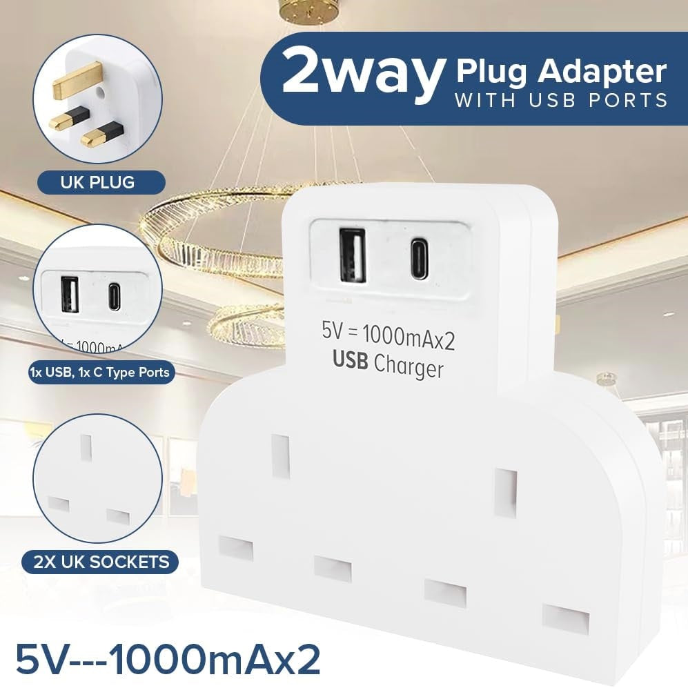 PowerPlus 2 Way Adaptor with 1 USB & 1 Type-C Port White 1385 | 5V 2100mA | BS1363 Compliant | Dual Plug Mains Adapter with USB Charging