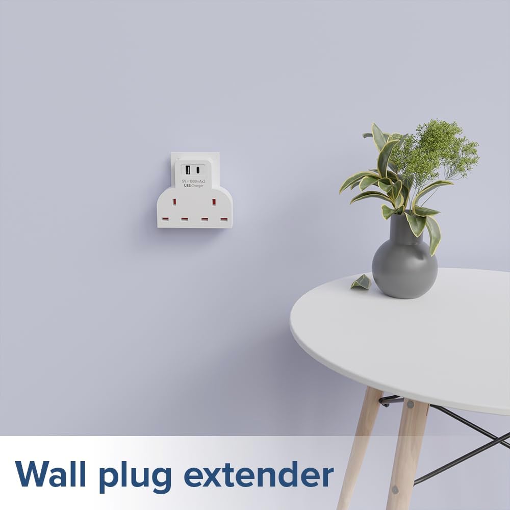 PowerPlus 2 Way Adaptor with 1 USB & 1 Type-C Port White 1385 | 5V 2100mA | BS1363 Compliant | Dual Plug Mains Adapter with USB Charging