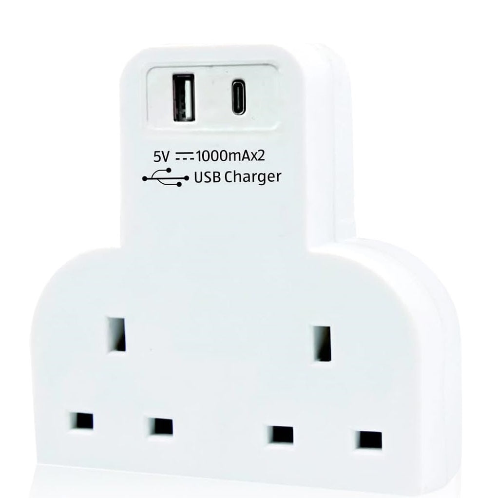 PowerPlus 2 Way Adaptor with 1 USB & 1 Type-C Port White 1385 | 5V 2100mA | BS1363 Compliant | Dual Plug Mains Adapter with USB Charging