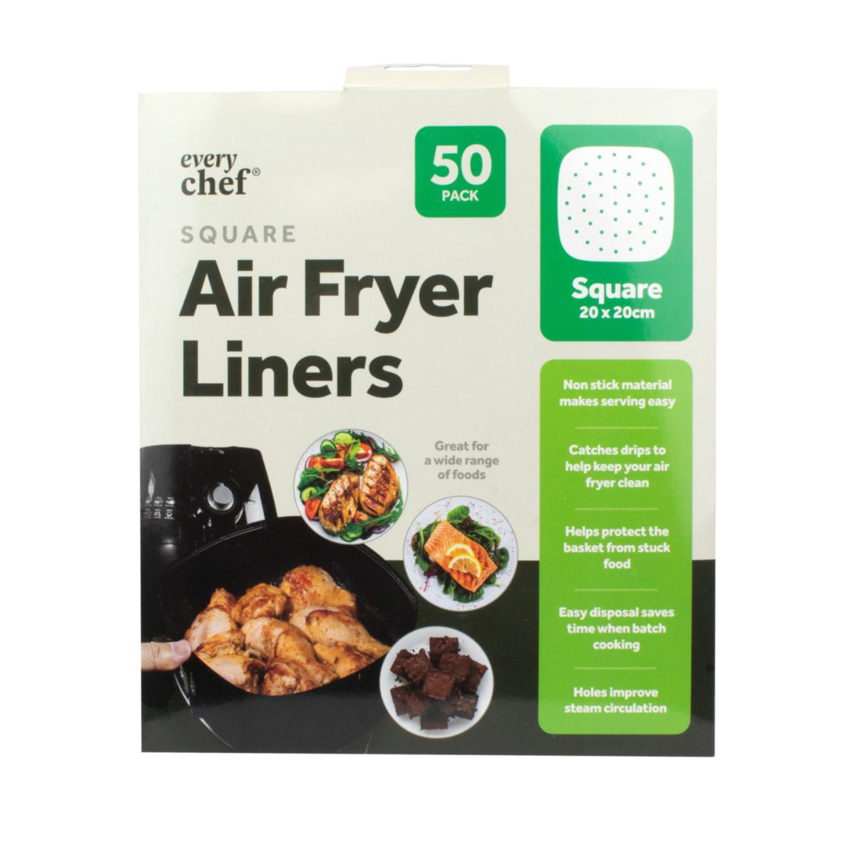 Every Chef Square Air Fryer Liners White Pack of 50 20cm x 20cm 324326 | Non-Stick | For Standard Air Fryers | Catches Drips | Protects Basket | Improves Steam Circulation | Great for Wide Range of Foods | Made from Food Grade | Disposable