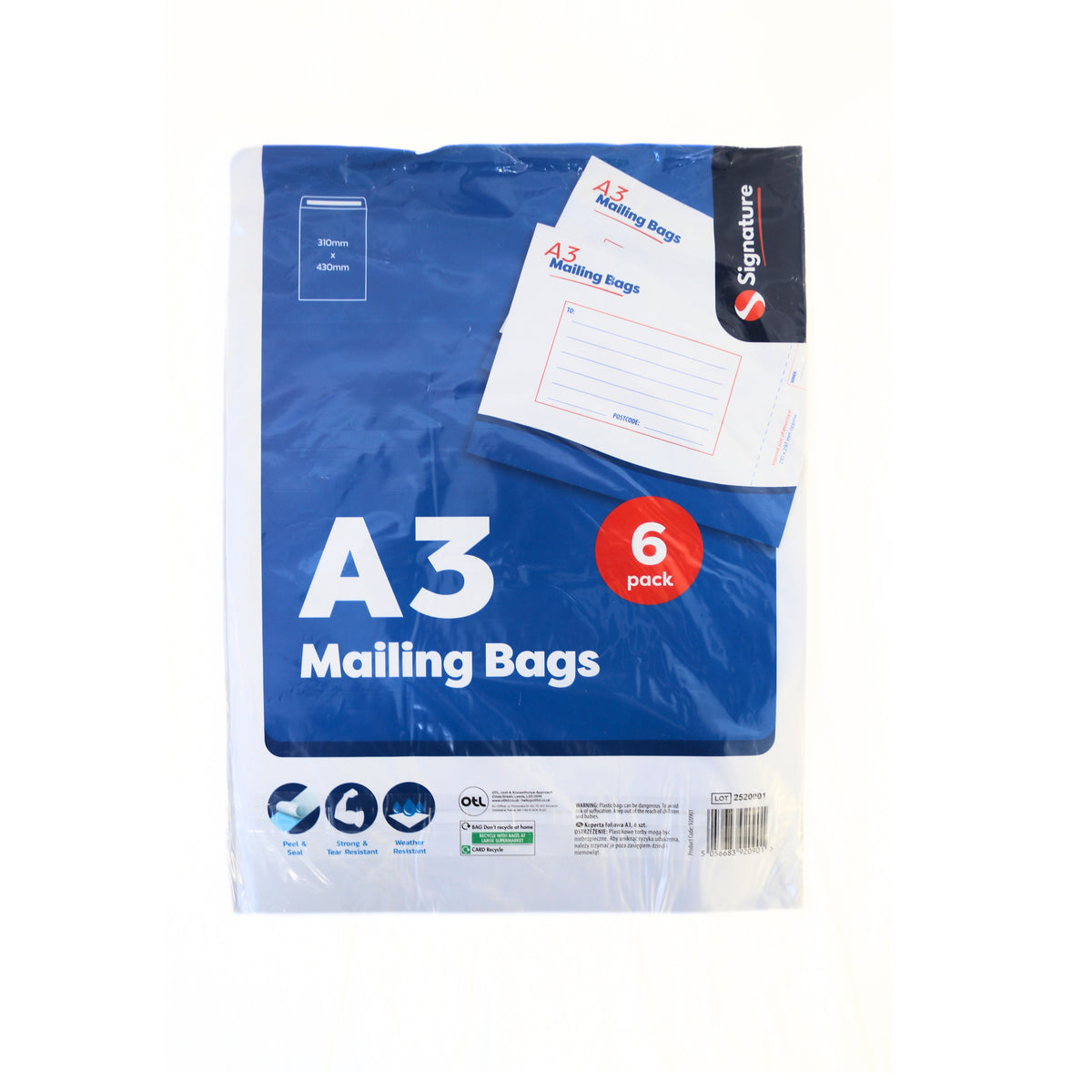 OTL A3 Mailing Bags White 310mm x 430mm Pack of 6 324213 | Peel and Seal | Strong and Tear Resistant | Weather Resistant