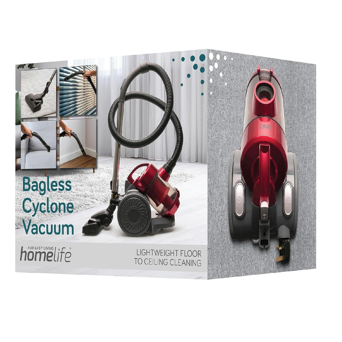 HomeLife Bagless Corded Cyclone Vacuum Red and Black 800W E8101RD | Powerful Cyclone Suction | Multi Surface Cleaning | Compact and Lightweight | Easy Empty Bagless Dust Container | Washable Sponge Filter | Auto Cord Rewind | Lightweight-Floor to Ceiling
