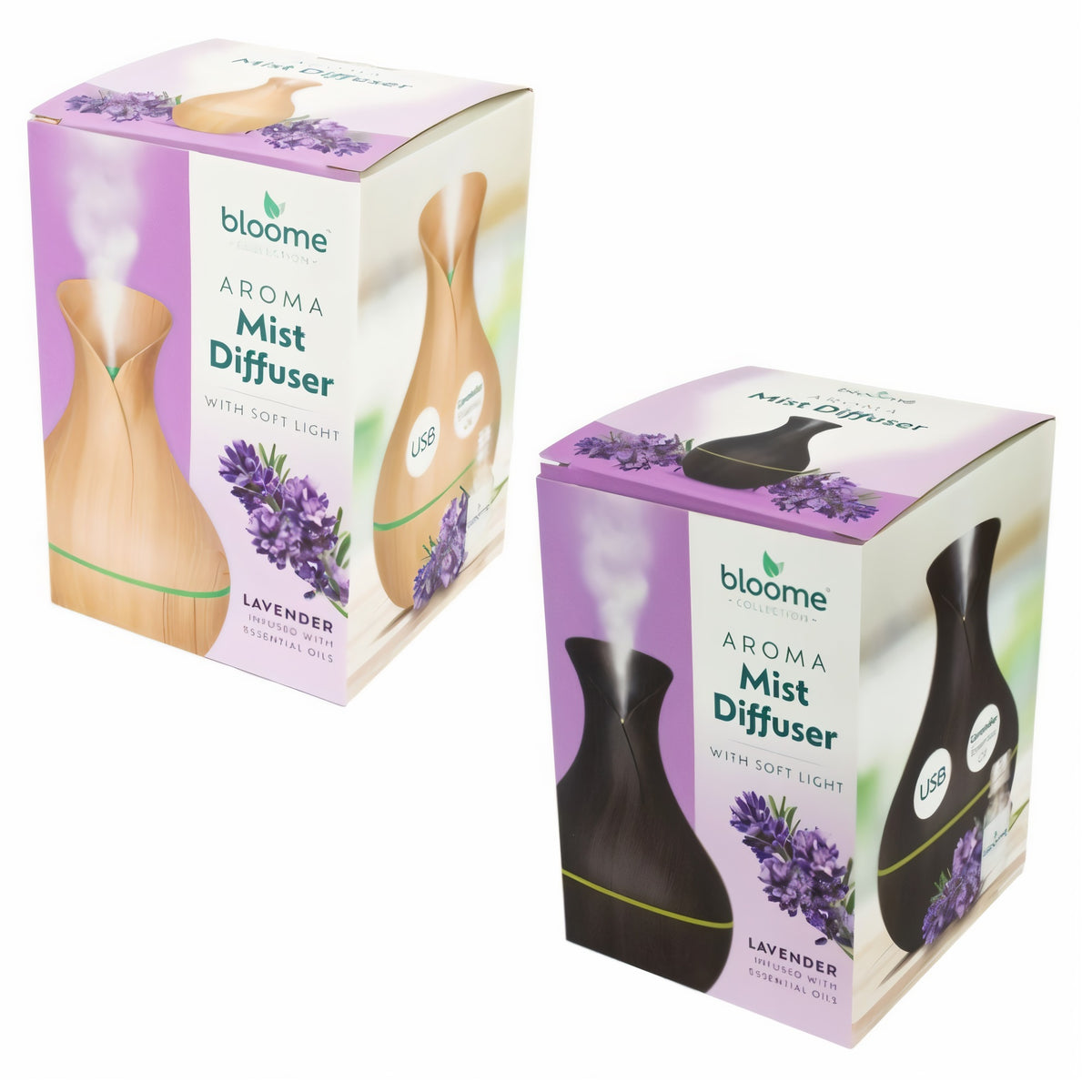 OTL Bloome Collection Lavender Aroma Mist Diffuser with Soft Light Assorted Pack of 1 929232 | Infused with Essential Oils | Humidifies the Air | Use your Favourite Aromatherapy Oils | Large 200ml Reservoir | 7 Colour LED | Auto Shut-off | Includes 1x 10ml Fragrance Oil | USB-A to USB-C Cable