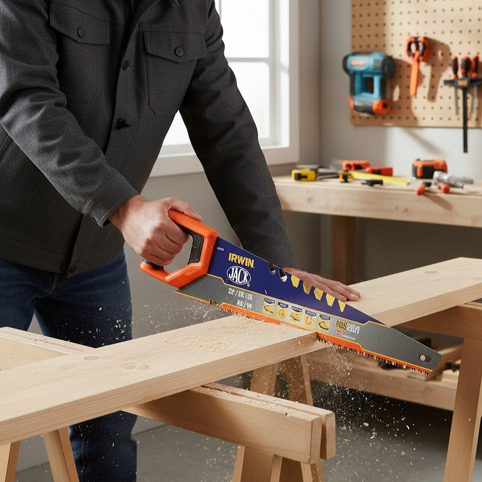 Irwin Jack Plus 880 8T Universal Handsaw Orange 550mm 10505213 | Induction Hardened | Soft Grip Handle | Built in Guides | Fast Cut | Triple Ground Teeth