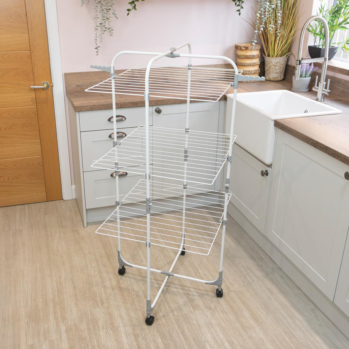 JVL Foldable 3 Tier Drying Rack Space White H135cm x W86cm x D68.5cm 11-066 | 28 Metres Drying Space | 6 Foldable Shelves | Swivel Wheels | Compact Design | Use for Everyday Laundry Essentials and Delicates | For Indoor or Outdoor Use