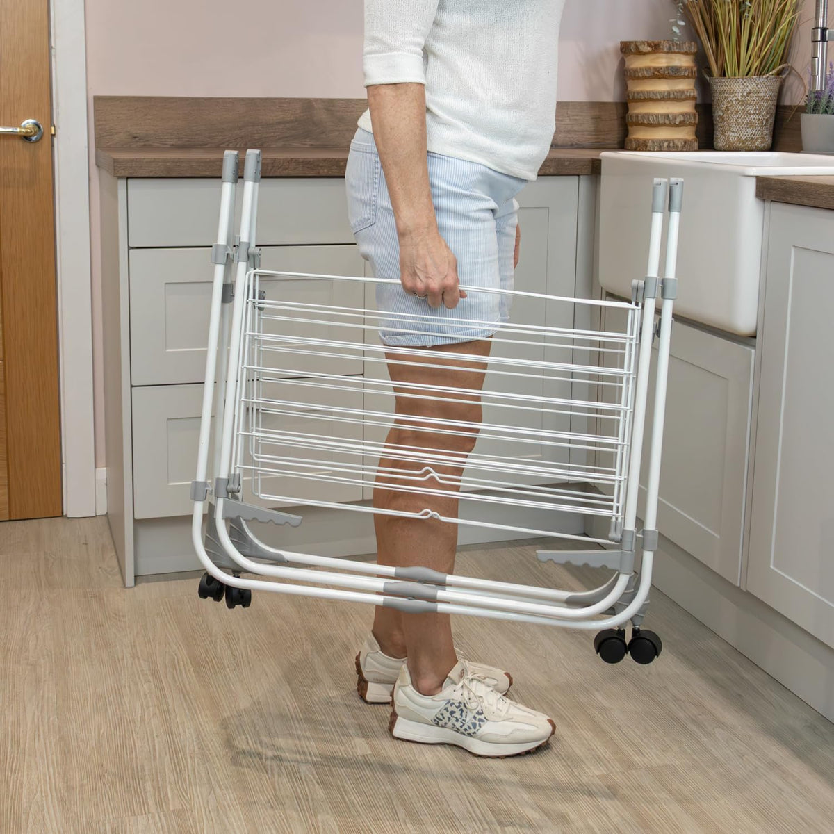 JVL Foldable 3 Tier Drying Rack Space White H135cm x W86cm x D68.5cm 11-066 | 28 Metres Drying Space | 6 Foldable Shelves | Swivel Wheels | Compact Design | Use for Everyday Laundry Essentials and Delicates | For Indoor or Outdoor Use