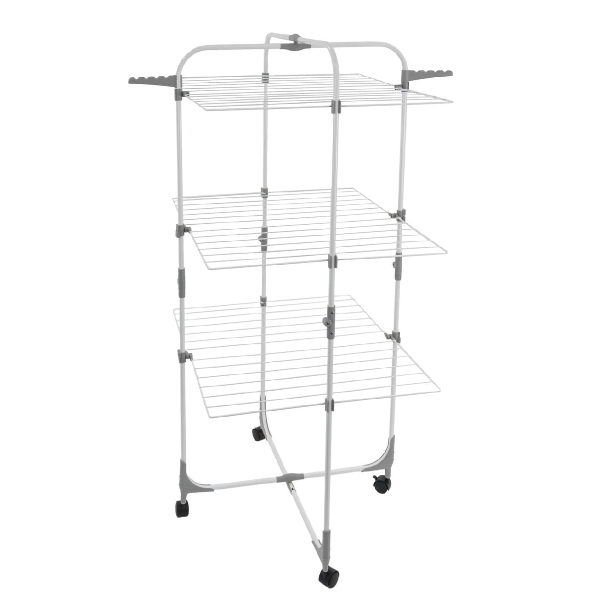 JVL Foldable 3 Tier Drying Rack Space White H135cm x W86cm x D68.5cm 11-066 | 28 Metres Drying Space | 6 Foldable Shelves | Swivel Wheels | Compact Design | Use for Everyday Laundry Essentials and Delicates | For Indoor or Outdoor Use