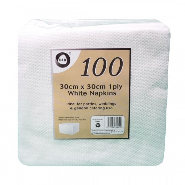DID 1Ply Napkins White 30cm x 30cm Pack of 100 DD9950 | Disposable Paper Napkins | Ideal for Parties and Catering