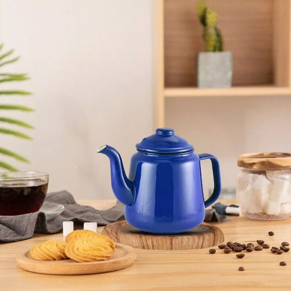 Housewares Enamel Tea Pot with Lid Blue 12cm 69612BL | Pour Spout and Handle