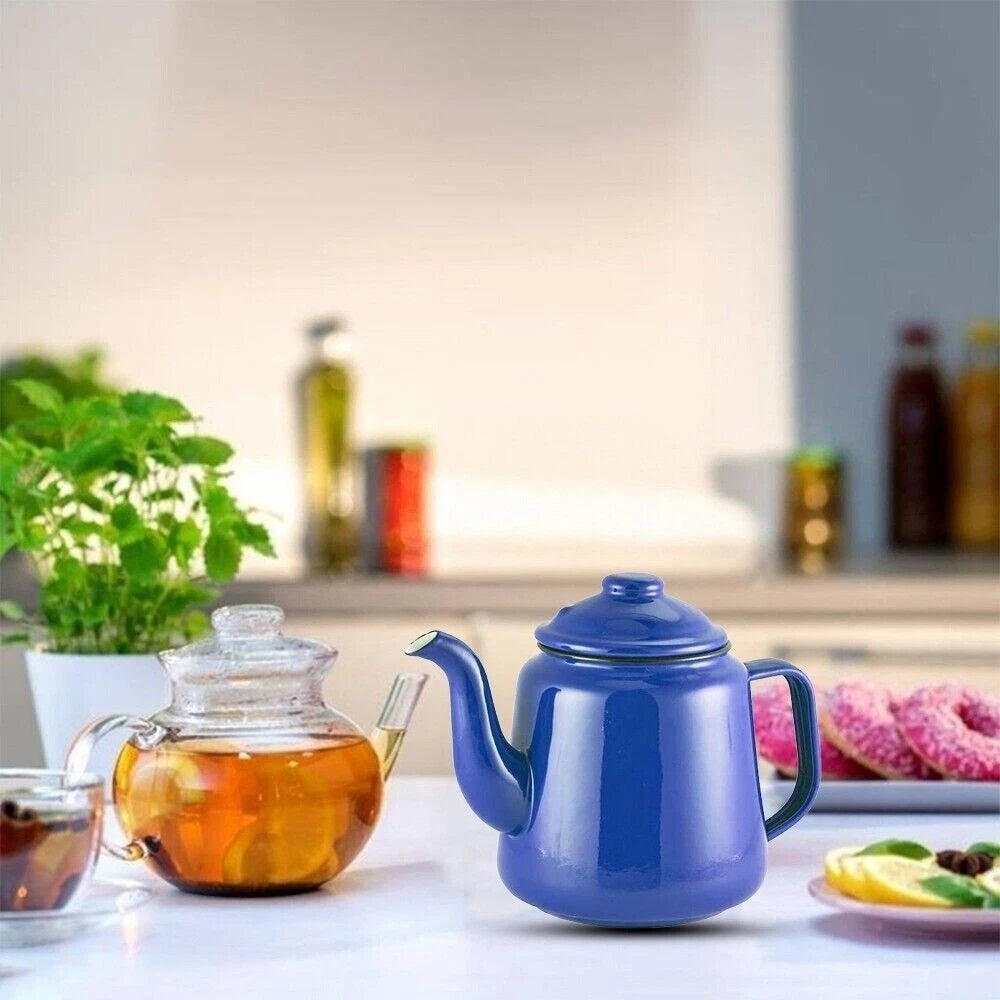 Housewares Enamel Tea Pot with Lid Blue 12cm 69612BL | Pour Spout and Handle