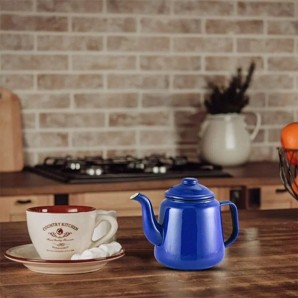 Housewares Enamel Tea Pot with Lid Blue 12cm 69612BL | Pour Spout and Handle