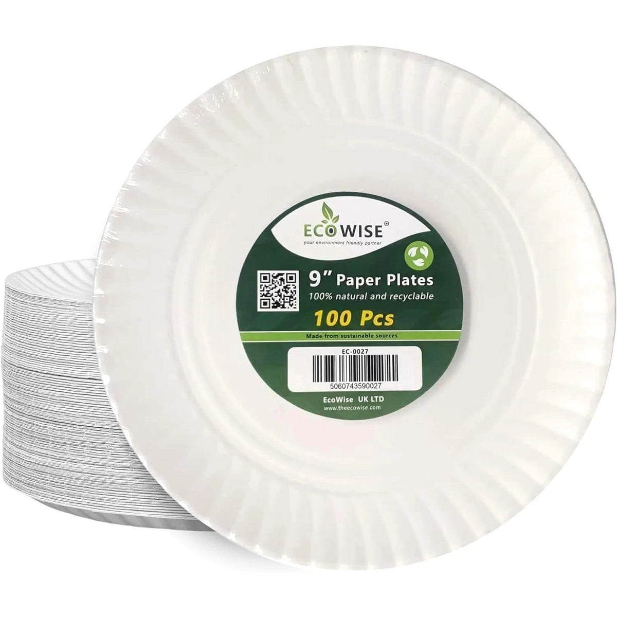EcoWise Paper Plates White 9-Inch Pack of 100 EC-0027 | Natural-Recyclable and Eco-Friendly Disposable Plates | Made from Sustainable Sources