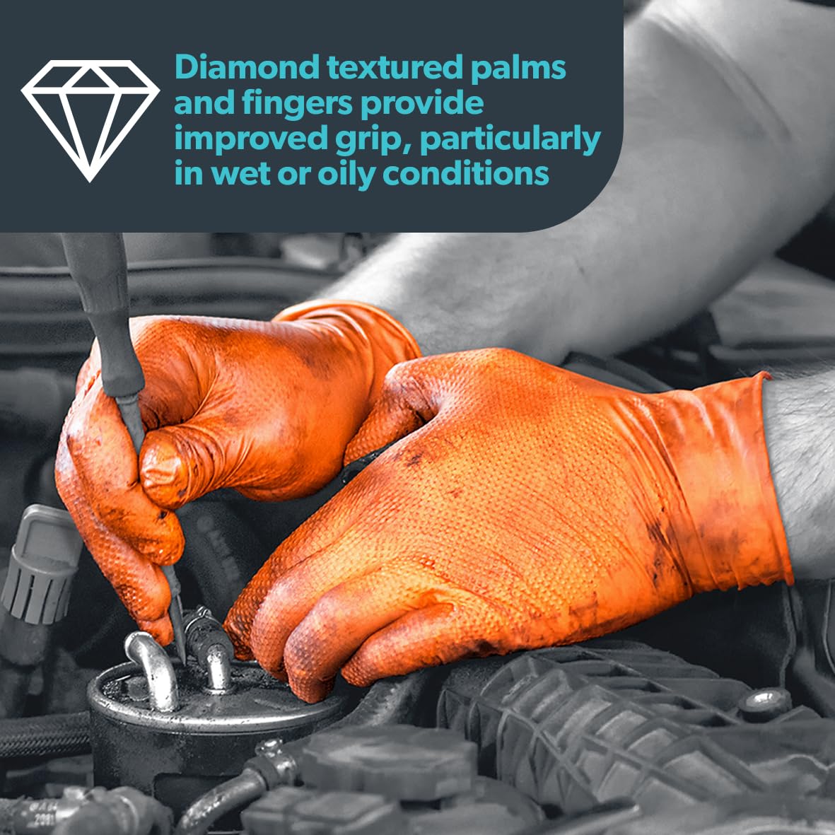 Bettina Super Strong Nitrile Gloves Orange Pack of 10 B517 | Chemical-Resistant | Diamond Grip | Powder-Free | Ambidextrous | Ideal for Automotive and Industrial Use | Superior Grip in Wet and Oily Conditions