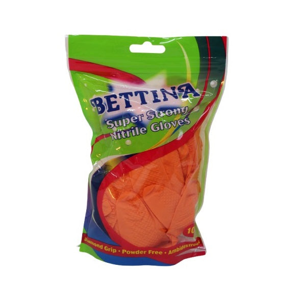 Bettina Super Strong Nitrile Gloves Orange Pack of 10 B517 | Chemical-Resistant | Diamond Grip | Powder-Free | Ambidextrous | Ideal for Automotive and Industrial Use | Superior Grip in Wet and Oily Conditions