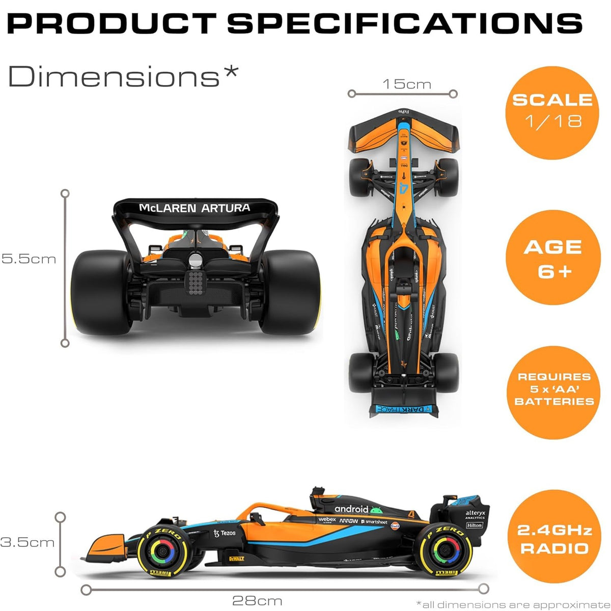 Rastar Official Licensed McLaren MCL36 F1 Racing Car Orange 30cm x 10cm TY-349 | High-speed Remote Control Car | Durable Battery-powered Design | 2.4GHz Multi-car Racing