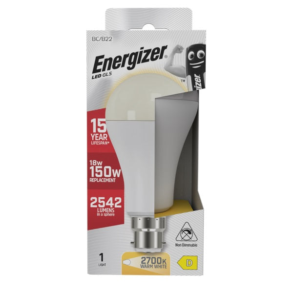 Energizer GLS BC-B22 LED Light Bulb White 65mm x 130mm S29831 | 18W | 150W Replacement | 2700K Warm White | 2542 Lumens | 15-Year Lifespan | Non-Dimmable | 15000Hr Lifespan | Mercury Free | Energy Rating D | CRI-80
