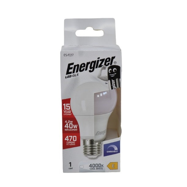Energizer ES-E27 LED GLS Bulb White 105mm x 60mm S30642 | 4.2W | 40W Replacement | 4000K Cool White | 470 Lumens | 15-Year Lifespan | Dimmable | 15000Hr Lifespan | Mercury Free | Energy Rating E | CRI-80