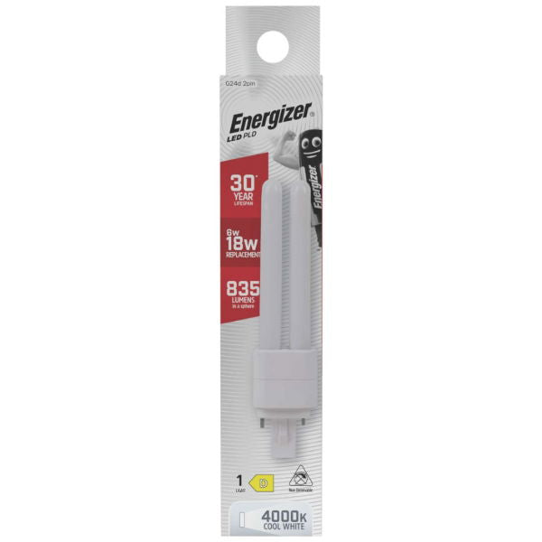 Energizer G24d 2Pin LED White 148mm x 34mm S30422 | Retro Fit | 6W | 18W Replacement | 4000K Cool White | 835 Lumens | 30-Year Lifespan | Non-Dimmable | 30000Hr Lifespan | Mercury Free | Energy Rating D | CRI-80