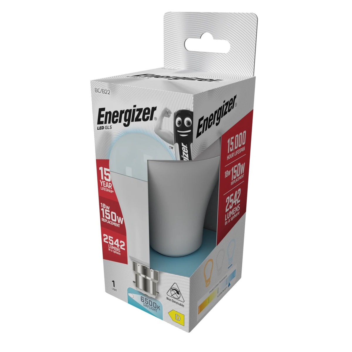 Energizer GLS BC-B22 LED Light Bulb White 65mm x 130mm S29832 | 18W | 150W Replacement | 6500K Daylight | 2542 Lumens | 15-Year Lifespan | Non-Dimmable | 15000Hr Lifespan | Mercury Free | Energy Rating D | CRI-80