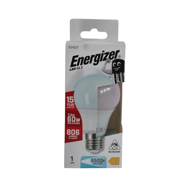 Energizer ES-E27 LED GLS Bulb White 112mm x 60mm S8981 | 7.3W | 60W Replacement | 6500K Daylight | 806 Lumens | 15-Year Lifespan | Non Dimmable | 15000Hr Lifespan | Mercury Free | Energy Rating E | CRI-80