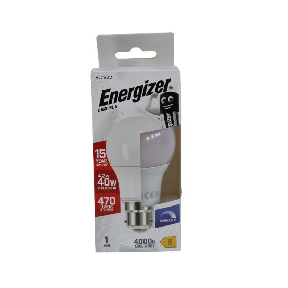 Energizer BC-B22 LED GLS Bulb White 103mm x 60mm S30641 | 4.2W | 40W Replacement | 4000K Cool White | 470 Lumens | 15-Year Lifespan | Dimmable | 15000Hr Lifespan | Mercury Free | Energy Rating E | CRI-80
