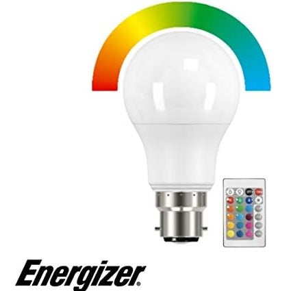 Energizer BC-B22 GLS LED Colour Changing Bulb with Remote Control White 106mm x 60mm S14543 | 9.7W | 60W Replacement | 806 Lumens | 15-Year Lifespan | Dimmable | Mercury Free | Energy Rating G | 15000Hr Lifespan | Five Brightness Settings | Provide 15