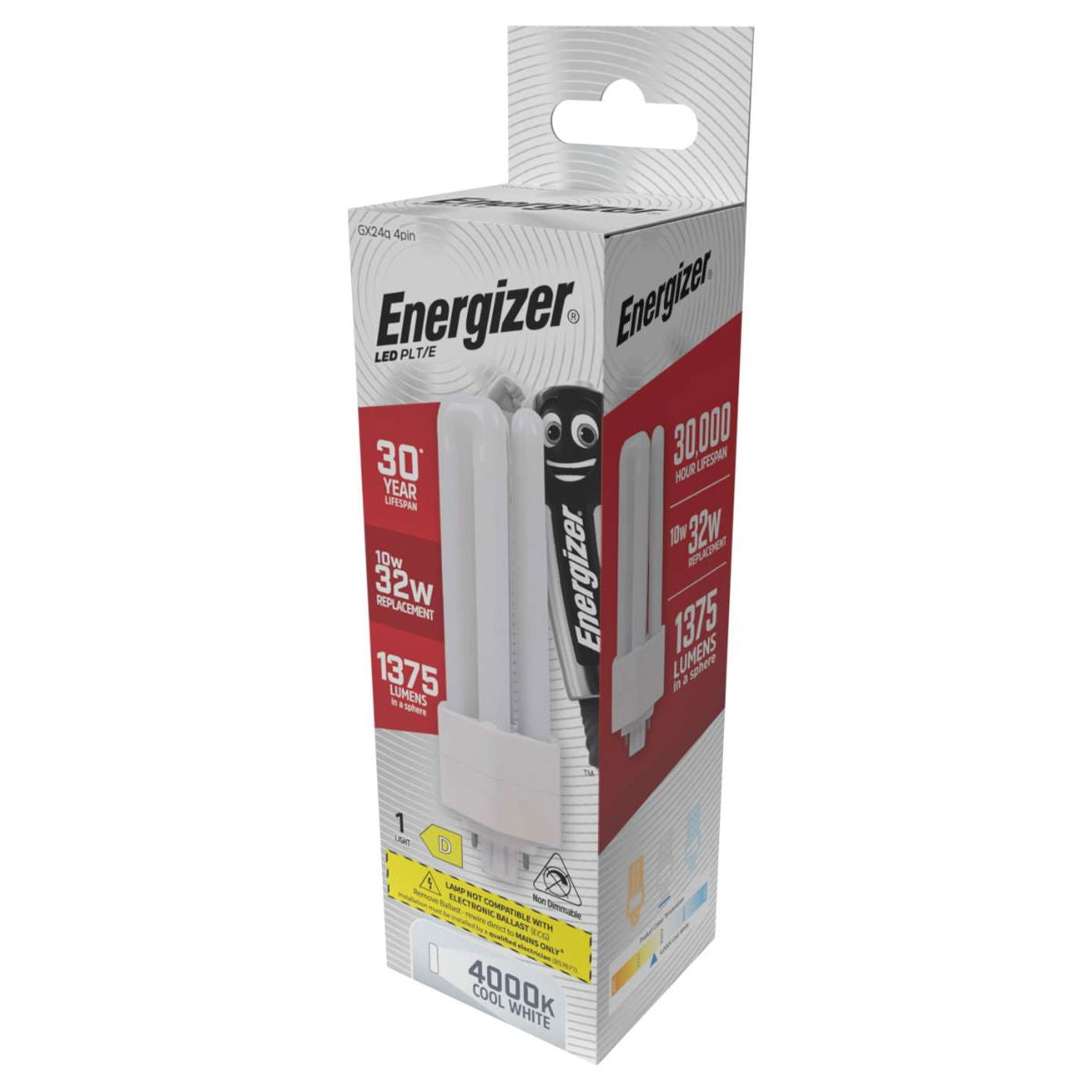 Energizer GX24q 4Pin LED PLT-E White 146mm x 50mm S30442 | 10W | 32W Replacement | 4000K Cool White | 1375 Lumens | 30-Year Lifespan | Non Dimmable | 30000Hr Lifespan | Mercury Free | Energy Rating D | CRI-80