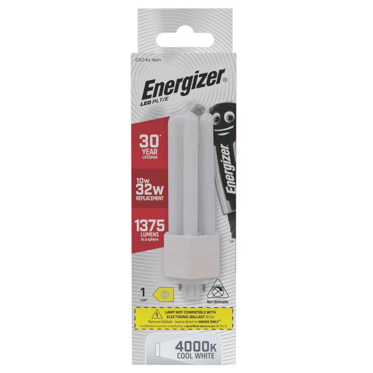 Energizer GX24q 4Pin LED PLT-E White 146mm x 50mm S30442 | 10W | 32W Replacement | 4000K Cool White | 1375 Lumens | 30-Year Lifespan | Non Dimmable | 30000Hr Lifespan | Mercury Free | Energy Rating D | CRI-80