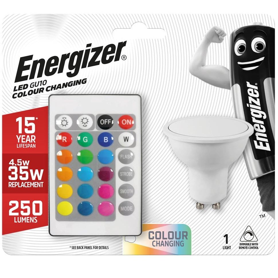 Energizer GU10 LED Colour Changing Spotlight Bulb with Remote Control White 54mm x 50mm S14544 | 4.2W | 35W Replacement | 250 Lumens | 15-Year Lifespan | Dimmable | Mercury Free | Energy Rating G | 15000Hr Lifespan | Five Brightness Settings | Provide 15 Different Colours | 3 Different Colour Changing Effects