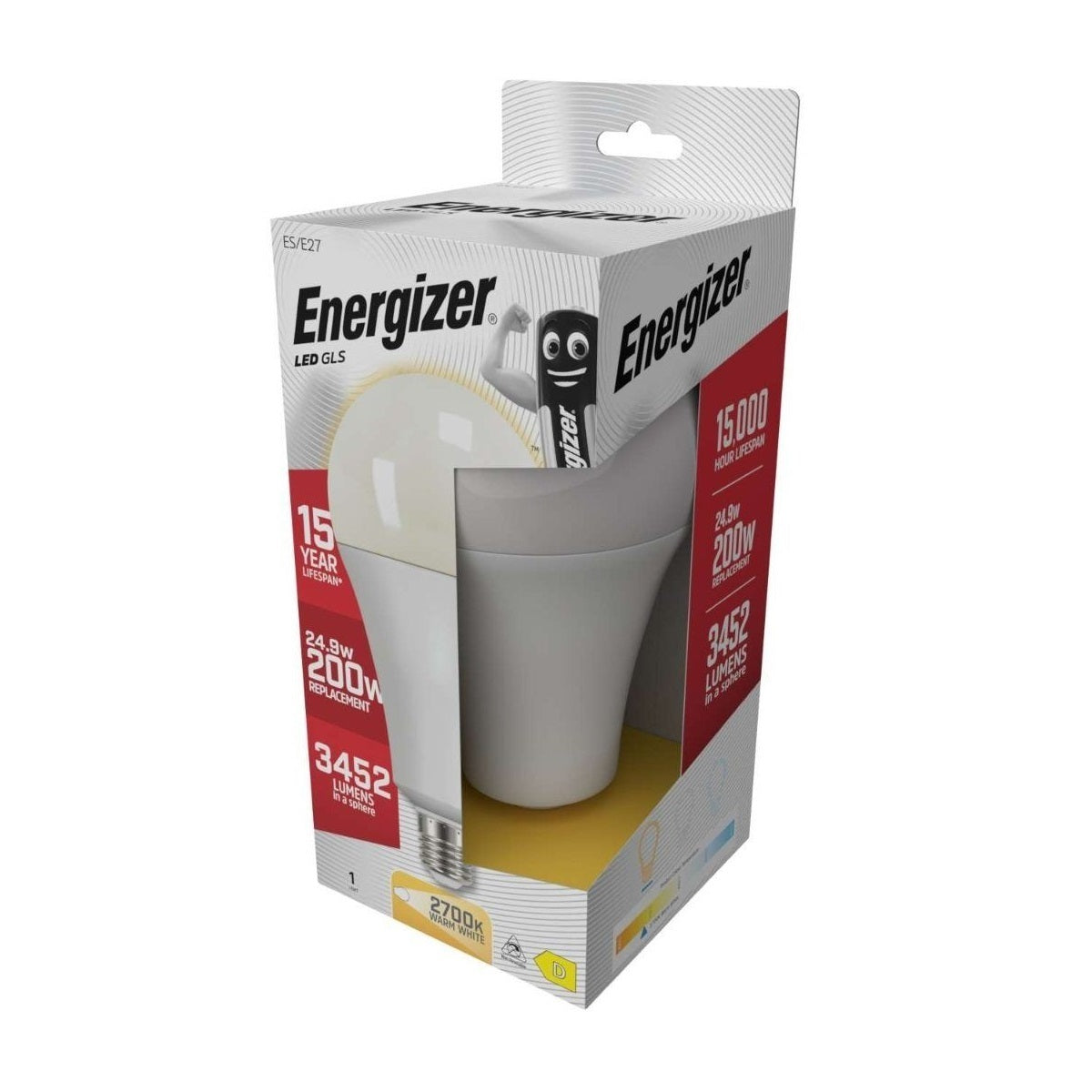 Energizer LED GLS E27 Warm White 215mm x 110mm 24.9W S29837 | 3452 Lumens in a Sphere | 200 Watt Replacement | 15000 Hour Lifespan