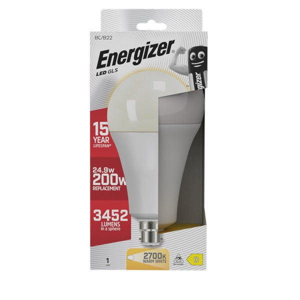 Energizer LED GLS B22 Warm White 213mm x 110mm 24.9W S29835 | 3452 Lumens in a Sphere | 200 Watt Replacement | 15000 Hour Lifespan