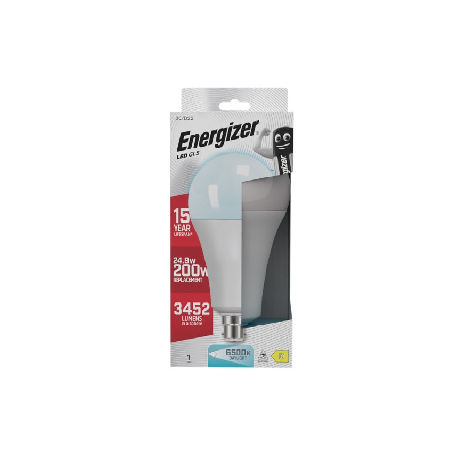 Energizer LED GLS B22 Daylight 213mm x 110mm 24.9W S29836 | 3452 Lumens in a Sphere | 200 Watt Replacement | 15000 Hour Lifespan