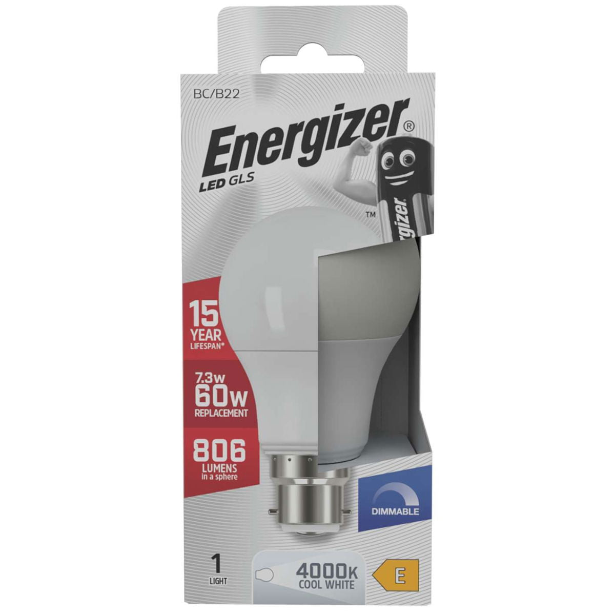 Energizer BC-B22 LED GLS Bulb White 103mm x 60mm S30643 | 7.3W | 60W Replacement | 4000K Cool White | 806 Lumens | 15-Year Lifespan | Dimmable | 15000Hr Lifespan | Mercury Free | Energy Rating E | CRI-80