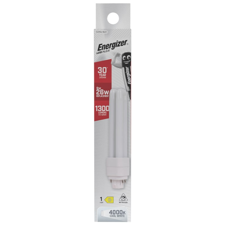 Energizer G24q 4Pin LED PLD-E White 164mm x 34mm S30426 | 9W | 26W Replacement | 4000K Cool White | 1300 Lumens | 30-Year Lifespan | Non Dimmable | 30000Hr Lifespan | Mercury Free | Energy Rating D | CRI-80