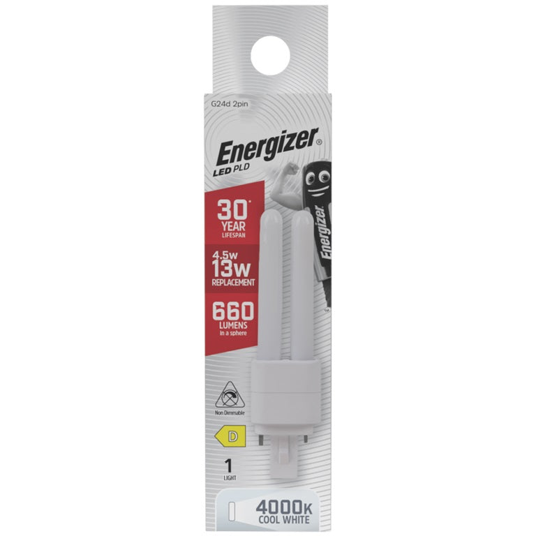 Energizer G24d 2Pin LED PLD White 116mm x 34mm S30421 | Retro Fit | 4.5W | 13W Replacement | 4000K Cool White | 660 Lumens | 30-Year Lifespan | Non-Dimmable | 30000Hr Lifespan | Mercury Free | Energy Rating D | CRI-80