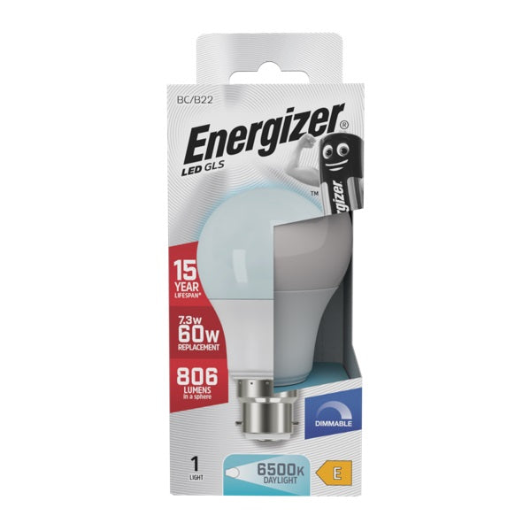 Energizer GLS BC-B22 LED Light Bulb White 103mm x 60mm S29782 | 7.3W | 60W Replacement | 6500K Daylight | 806 Lumens | 15-Year Lifespan | Dimmable | 15000Hr Lifespan | Mercury Free | Energy Rating E | CRI-80