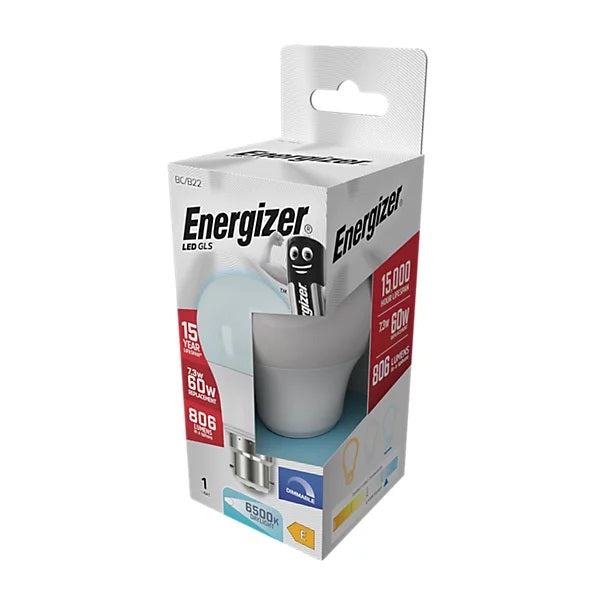 Energizer GLS BC-B22 LED Light Bulb White 103mm x 60mm S29782 | 7.3W | 60W Replacement | 6500K Daylight | 806 Lumens | 15-Year Lifespan | Dimmable | 15000Hr Lifespan | Mercury Free | Energy Rating E | CRI-80