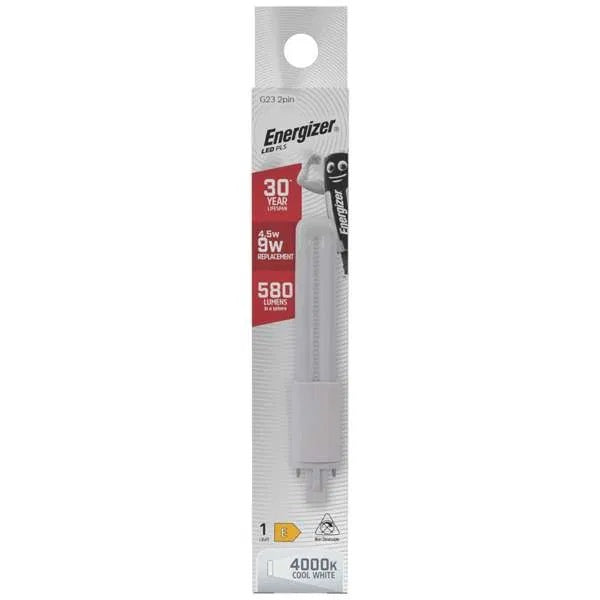 Energizer G23 2Pin LED PLS White 165mm x 30mm S30433 | 4.5W | 9W Replacement | 4000K Cool White | 580 Lumens | 30-Year Lifespan | Non-Dimmable | 30000Hr Lifespan | Mercury Free | Energy Rating E | CRI-80
