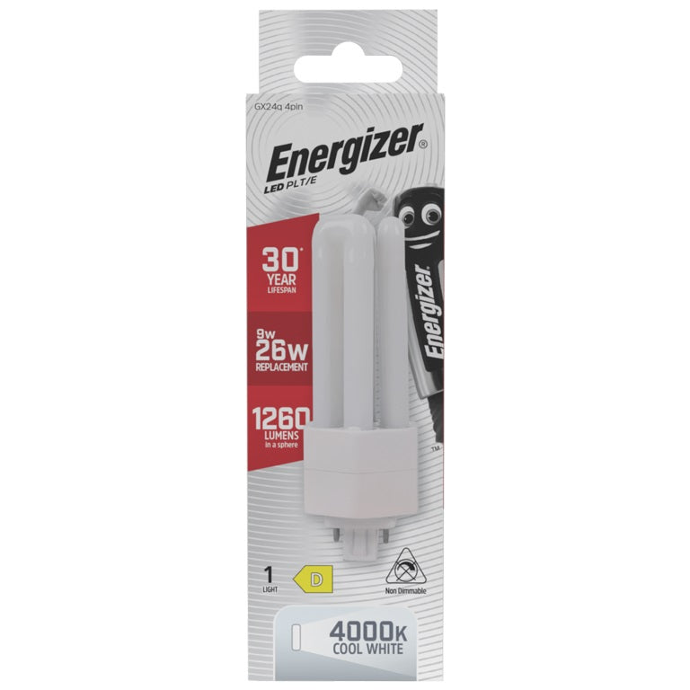 Energizer GX24q 4Pin LED PLT-E White 138mm x 50mm S30441 | 9W | 26W Replacement | 4000K Cool White | 1260 Lumens | 30-Year Lifespan | Non Dimmable | 30000Hr Lifespan | Mercury Free | Energy Rating D | CRI-80