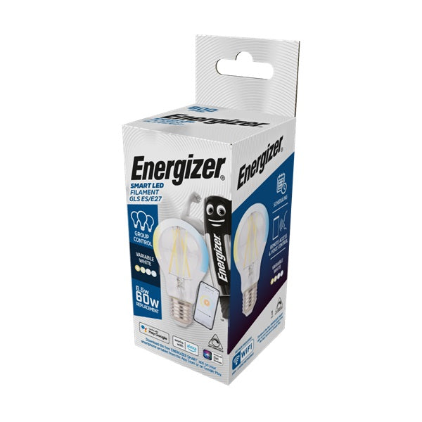Energizer GLS ES-E27 Filament Smart LED Bulb White 107mm x 60mm S18477 | 6.5W | 60W Replacement | Group Control | Variable White | App Dimmable | Remote Access and Voice Control | 25000Hr Lifespan | Mercury Free | Energy Rating A Plus | CRI-80
