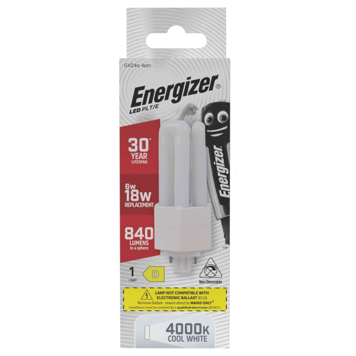 Energizer GX24q 4Pin LED PLT-E White 118mm x 50mm S30440 | 6W | 18W Replacement | 4000K Cool White | 840 Lumens | 30-Year Lifespan | Non Dimmable | 30000Hr Lifespan | Mercury Free | Energy Rating D | CRI-80