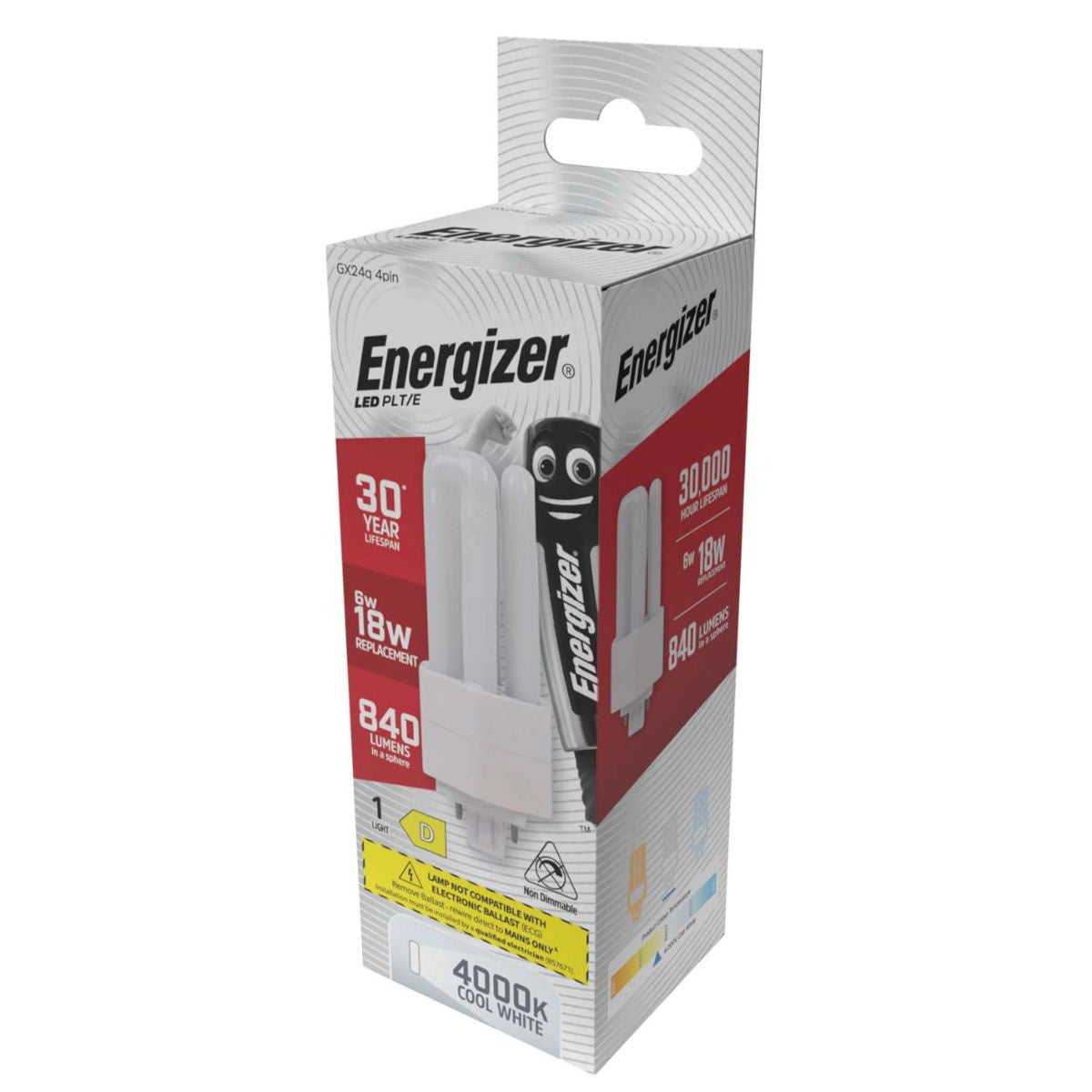 Energizer GX24q 4Pin LED PLT-E White 118mm x 50mm S30440 | 6W | 18W Replacement | 4000K Cool White | 840 Lumens | 30-Year Lifespan | Non Dimmable | 30000Hr Lifespan | Mercury Free | Energy Rating D | CRI-80
