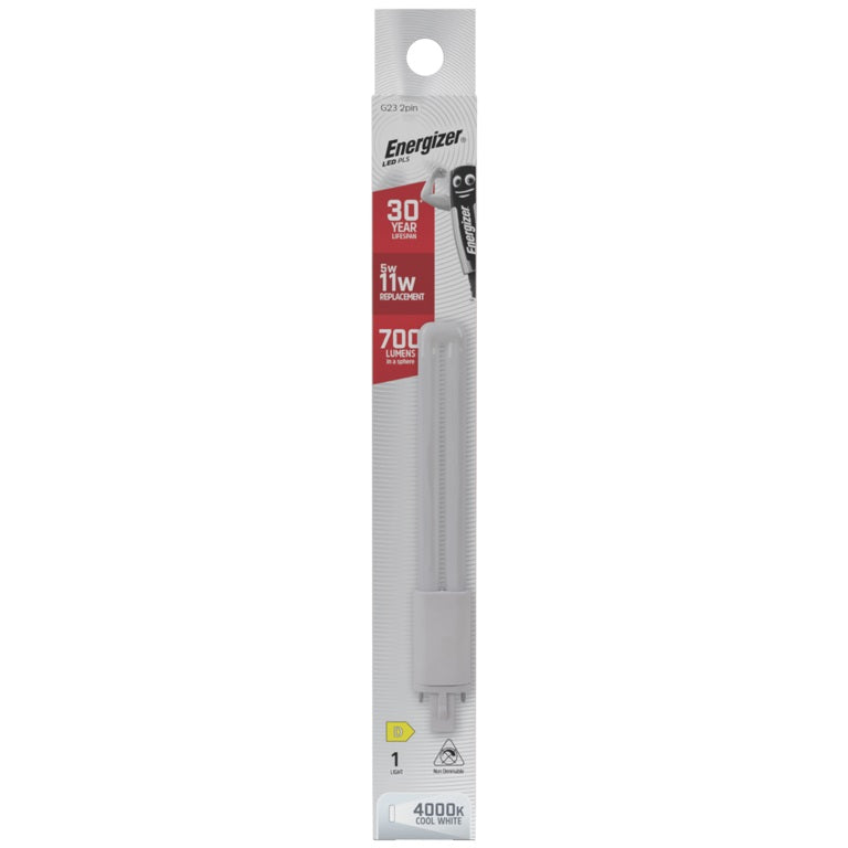 Energizer G23 2Pin LED PLS White 220mm x 30mm S30434 | 5W | 11W Replacement | 4000K Cool White | 700 Lumens | 30-Year Lifespan | Non-Dimmable | 30000Hr Lifespan | Mercury Free | Energy Rating D | CRI-80