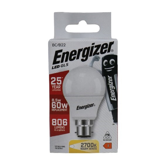 Energizer GLS BC-B22 LED Light Bulb White 101mm x 60mm S8121 | 8.5W | 60W Replacement | 2700K Warm White | 806 Lumens | 25-Year Lifespan | Non-Dimmable | 25000Hr Lifespan | Mercury Free | Energy Rating F | CRI-80