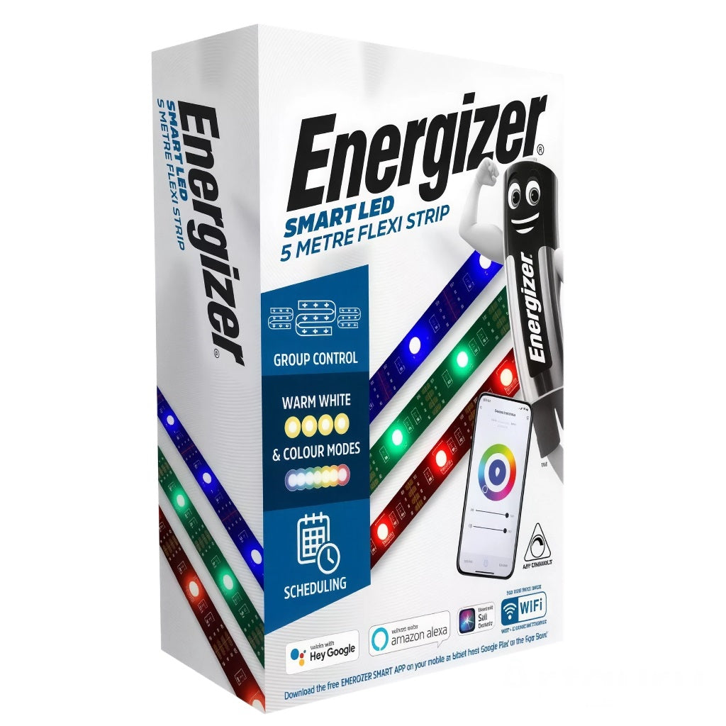 Energizer Smart LED Colour Changing Flexi Strip Assorted H5000mm x W12mm X D3mm S17164 | Group Control | Variable White and Colour Modes | Scheduling | Works with Google Home-Alexa and Siri Shortcuts | 120 Lumens in a Sphere
