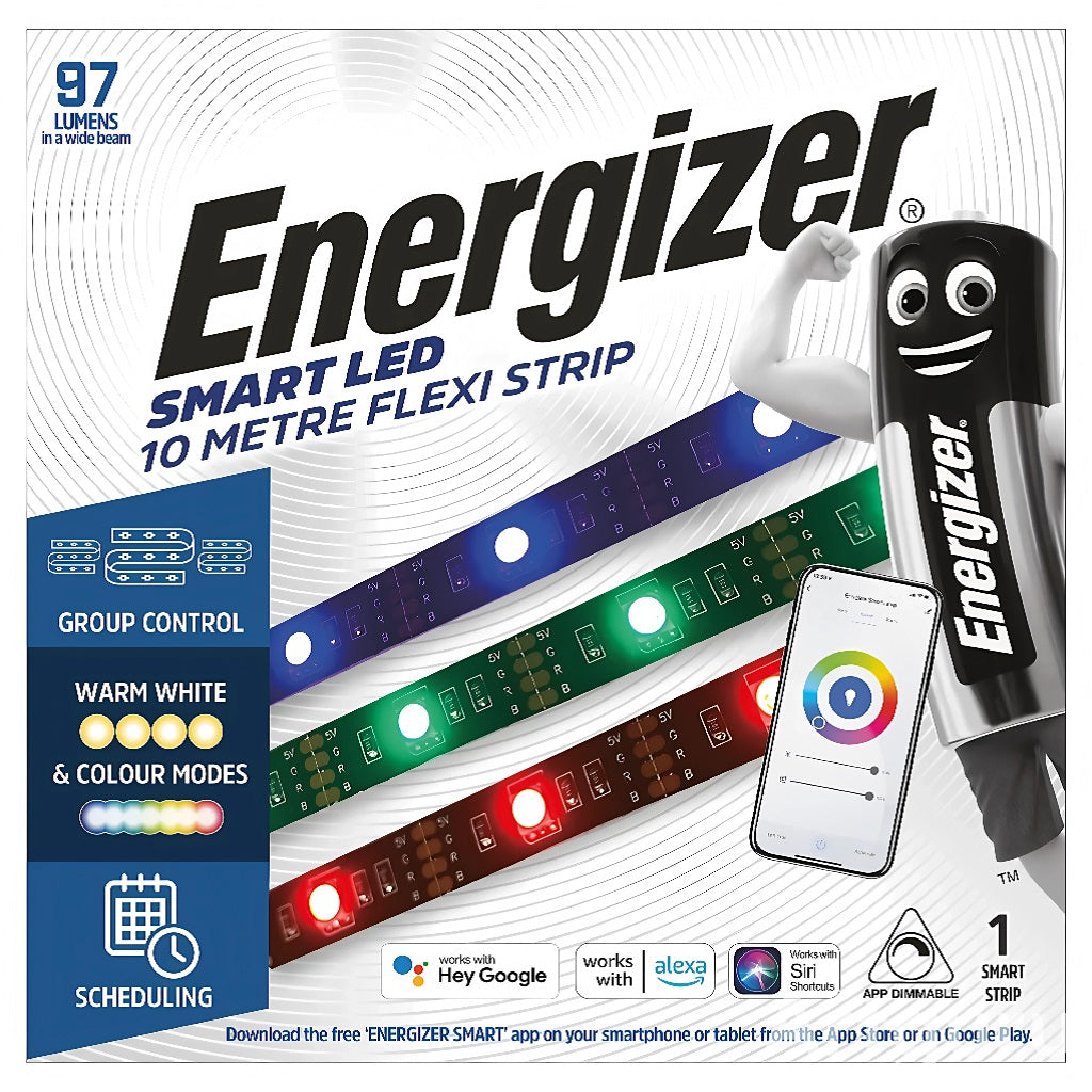 Energizer Smart LED Colour Changing Flexi Strip Assorted H10000mm x W10mm X D3mm S18468 | Group Control | Variable White and Colour Modes | Scheduling | Works with Google Home-Alexa and Siri Shortcuts | 97 Lumens in a Wide Beam