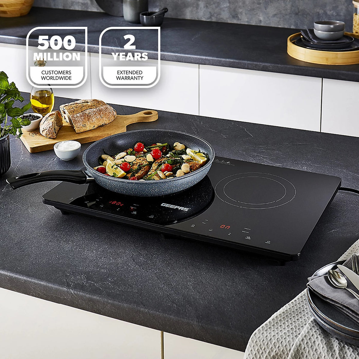 Geepas Double Induction Cooker Black H5cm x W56cm x D35cm 2800W GIC33021UK | Timer | Digital Display | Touch Control | Double Cooking Hob | A Grade Polished Crystal Plate 350mm x 560mm Aluminum Coil and High Quality IGBT