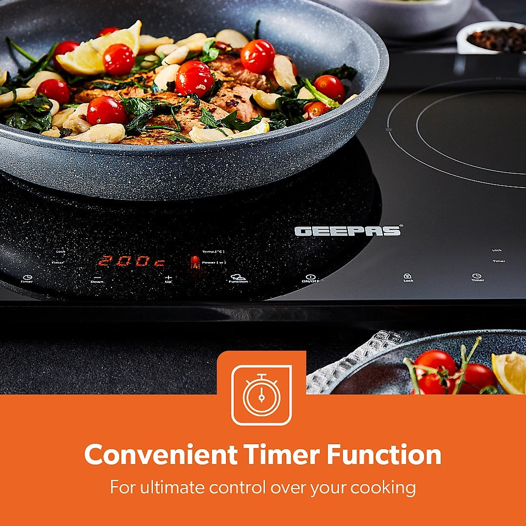 Geepas Double Induction Cooker Black H5cm x W56cm x D35cm 2800W GIC33021UK | Timer | Digital Display | Touch Control | Double Cooking Hob | A Grade Polished Crystal Plate 350mm x 560mm Aluminum Coil and High Quality IGBT