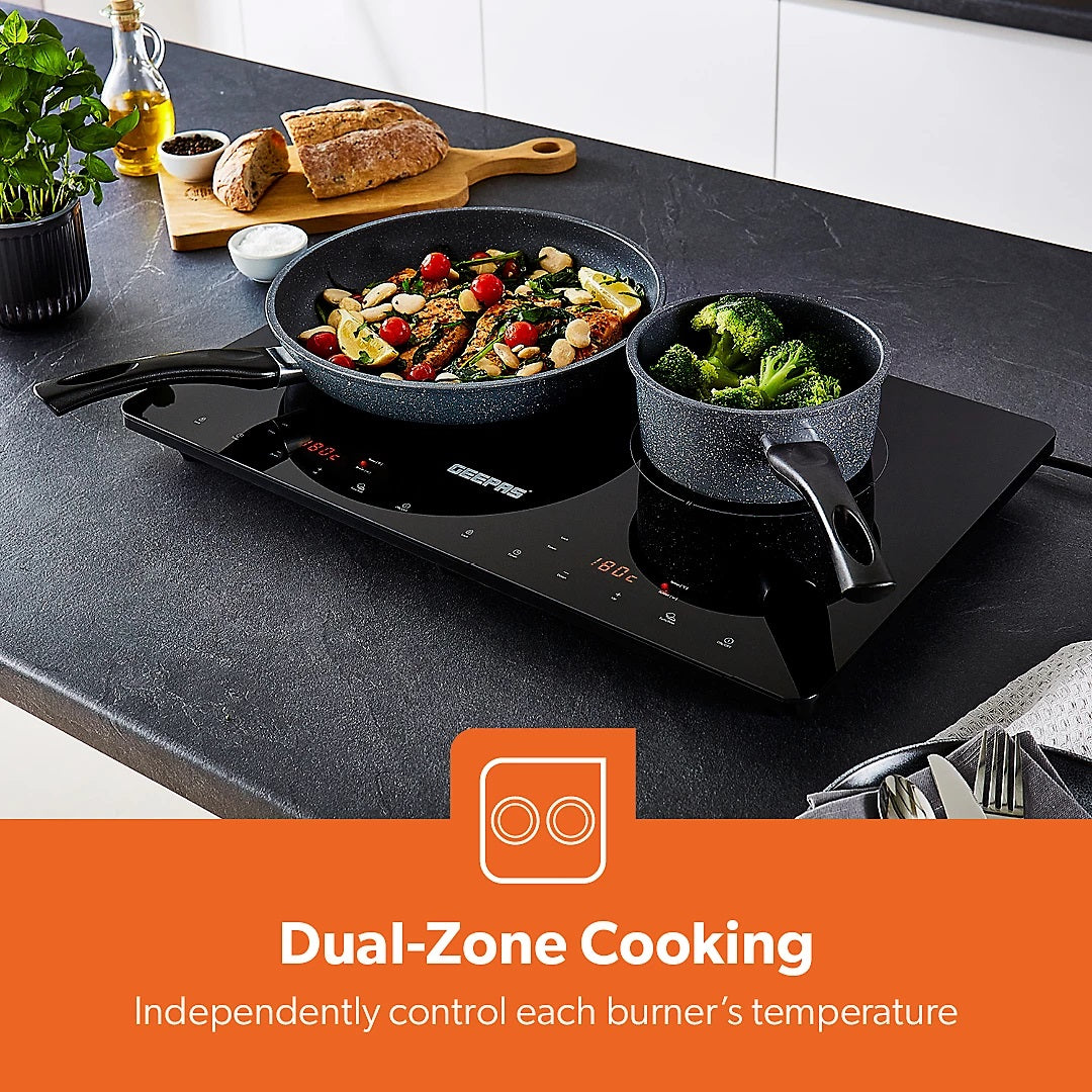 Geepas Double Induction Cooker Black H5cm x W56cm x D35cm 2800W GIC33021UK | Timer | Digital Display | Touch Control | Double Cooking Hob | A Grade Polished Crystal Plate 350mm x 560mm Aluminum Coil and High Quality IGBT