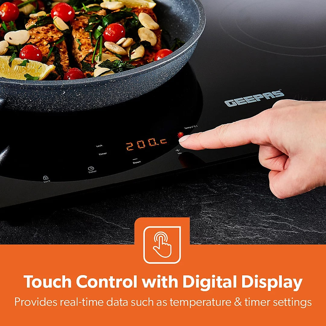 Geepas Double Induction Cooker Black H5cm x W56cm x D35cm 2800W GIC33021UK | Timer | Digital Display | Touch Control | Double Cooking Hob | A Grade Polished Crystal Plate 350mm x 560mm Aluminum Coil and High Quality IGBT